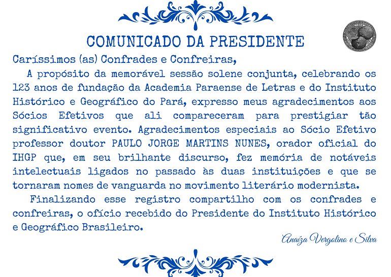 COMUNICADO DA PRESIDENTE 03 maio 23