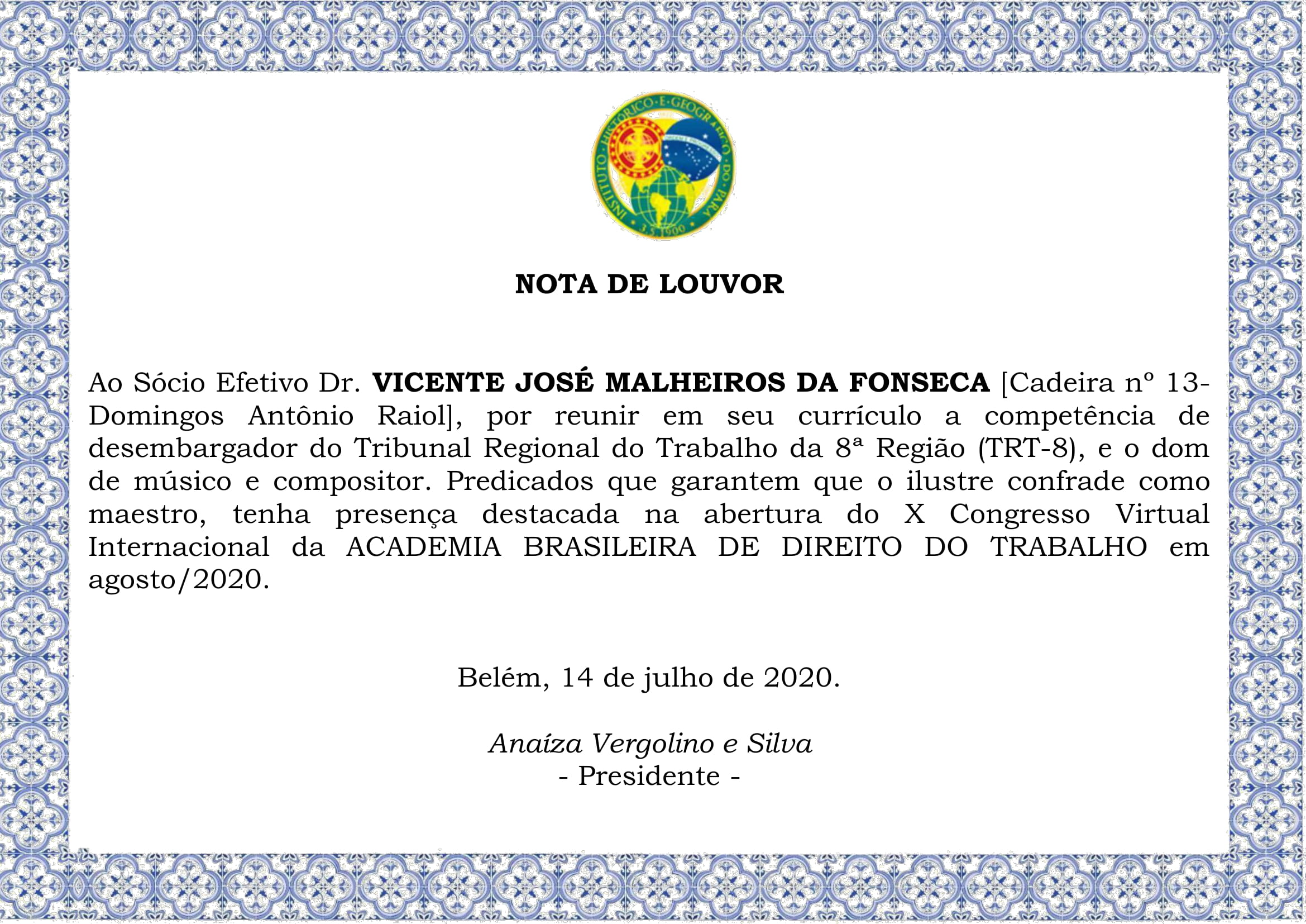 Nota de Louvor VICENTE JOSÉ MALHEIROS DA FONSECA-1