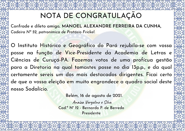 Nota de Congratulação a MANOEL ALEXANDRE FERREIRA DA CUNHAb